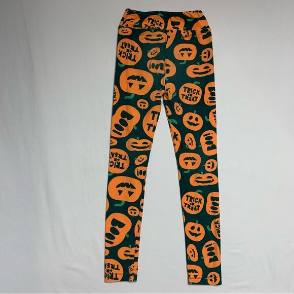 LulaRoe Halloween Jack O Lantern Pumpkin Leggings Girl’s Large Green Orange Fall - Picture 4 of 9